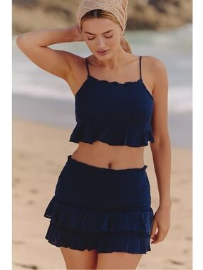 NWT Anthropologie Celandine Gauze Crop Cami Tank Mini Skirt Two Piece Set Navy